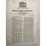 WW2 Leonard Cheshire VC signed A4 copy of his London Gazette Victoria Cross Award announcement. Good