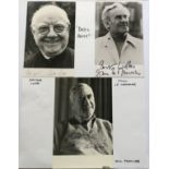 Dads Army three signed 6 x 4 inch b/w photos fixed to A4 page. Arthur Lowe, John Le Mesurier, slight