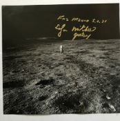 Apollo 14 Moonwalker Dr Ed Mitchell signed 12 x 12 inch b/w space book page showing Ed on the
