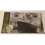 Titanic survivor Millvina Dean signed Benham 2003 coin cover, with $5 Liberia Titanic coin inset.