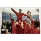 Ian St John signed 12 x 8 inch colour Liverpool football photo celebration with FA cup. Good