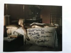 Goldfinger Shirley Eaton signed 10 x 8 inch colour photo covered in gold on bed she has added screen