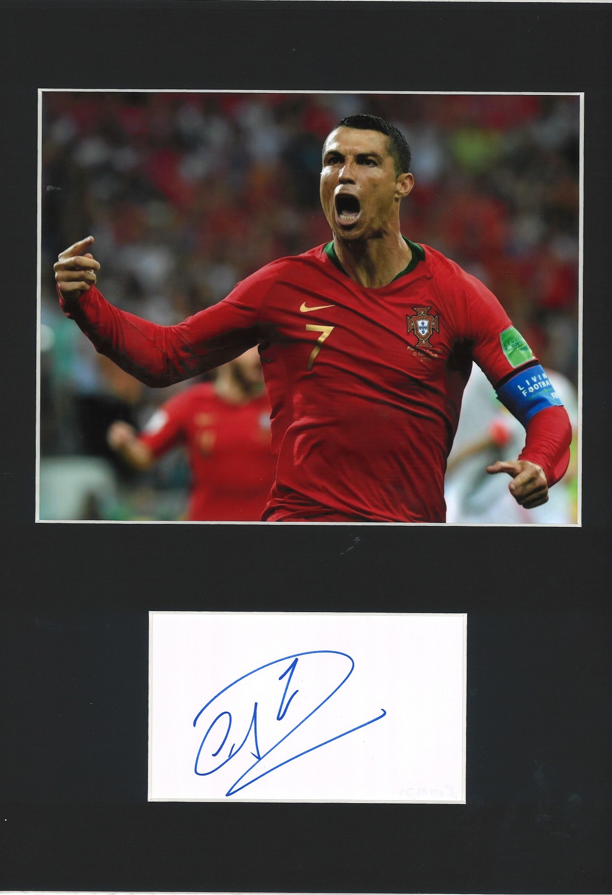 Ronaldo signature piece mounted below colour photo. Approx overall size 16x12. Good Condition. All