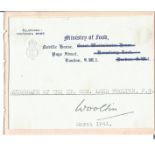 Lord Woolton signature piece taken from Ministry of Food letterhead with biography. Political