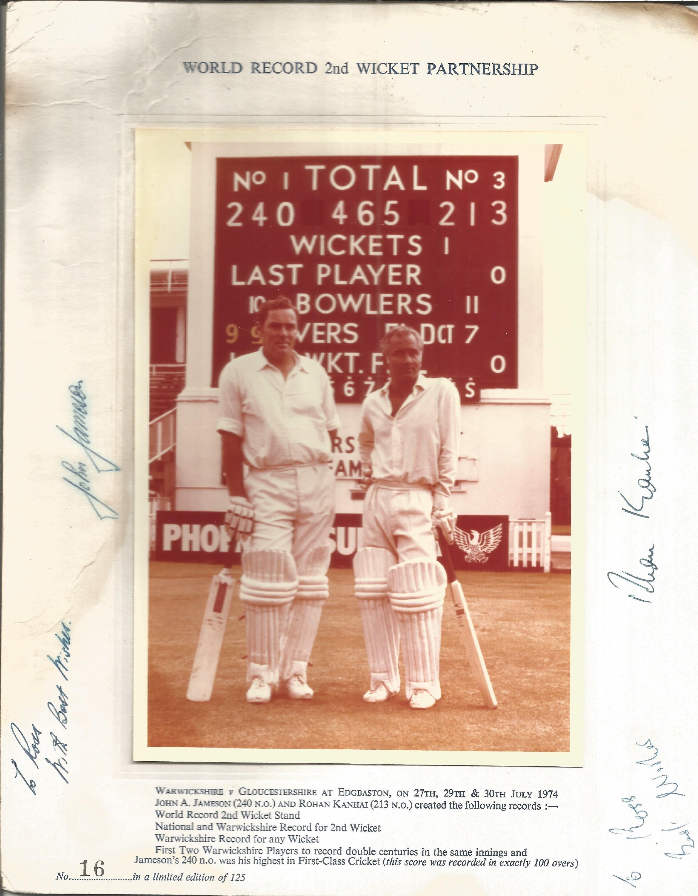 Rohan Kanhai and John Jameson signatures around vintage 1974 photo of the record making partnership.