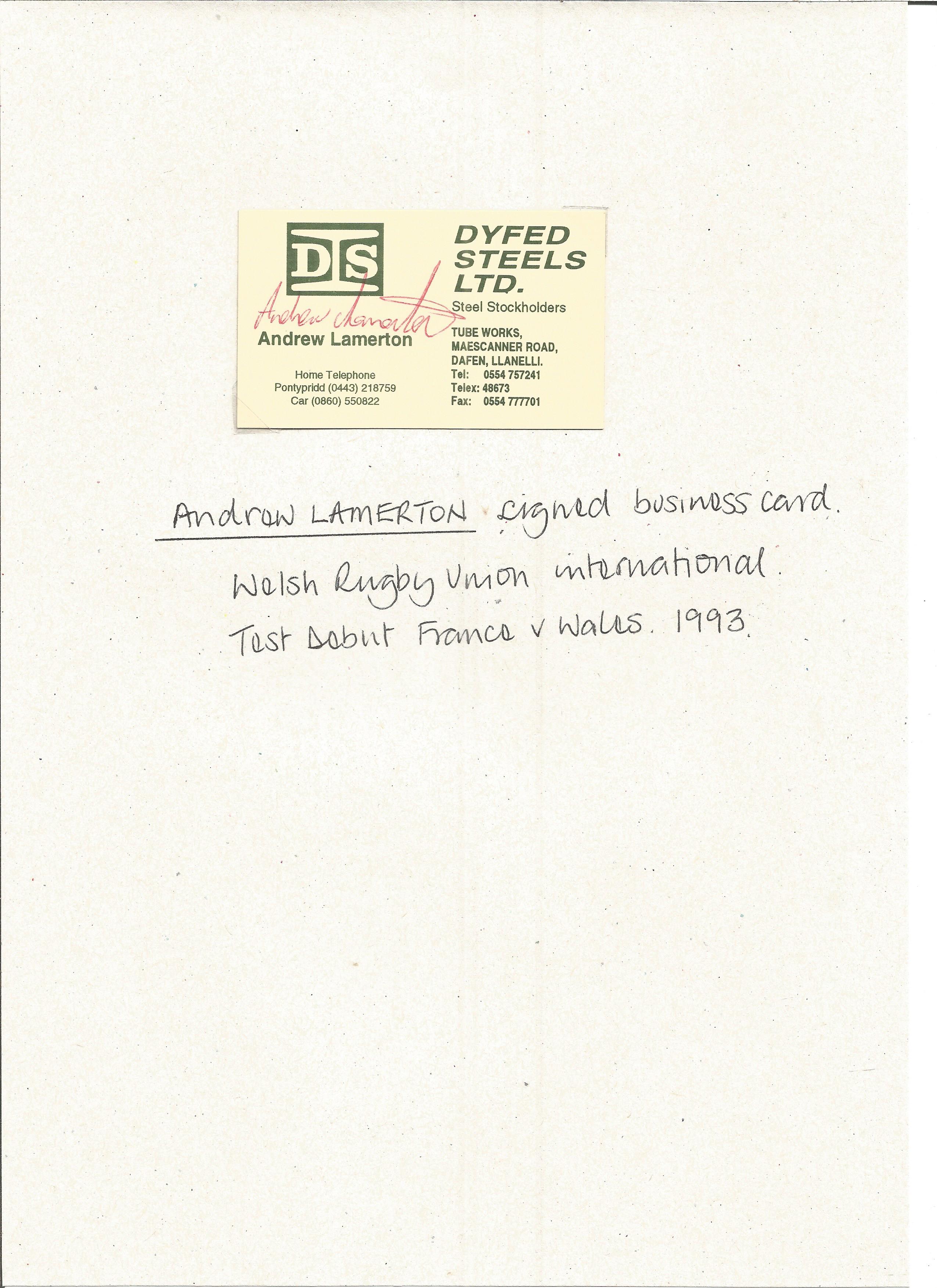 Andrew Lamerton signed business card. Welsh rugby union player. Good Condition. All autographs
