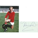 Denis Law Signed Lined Page With Manchester United Photo. Good Condition. All autographs come with a