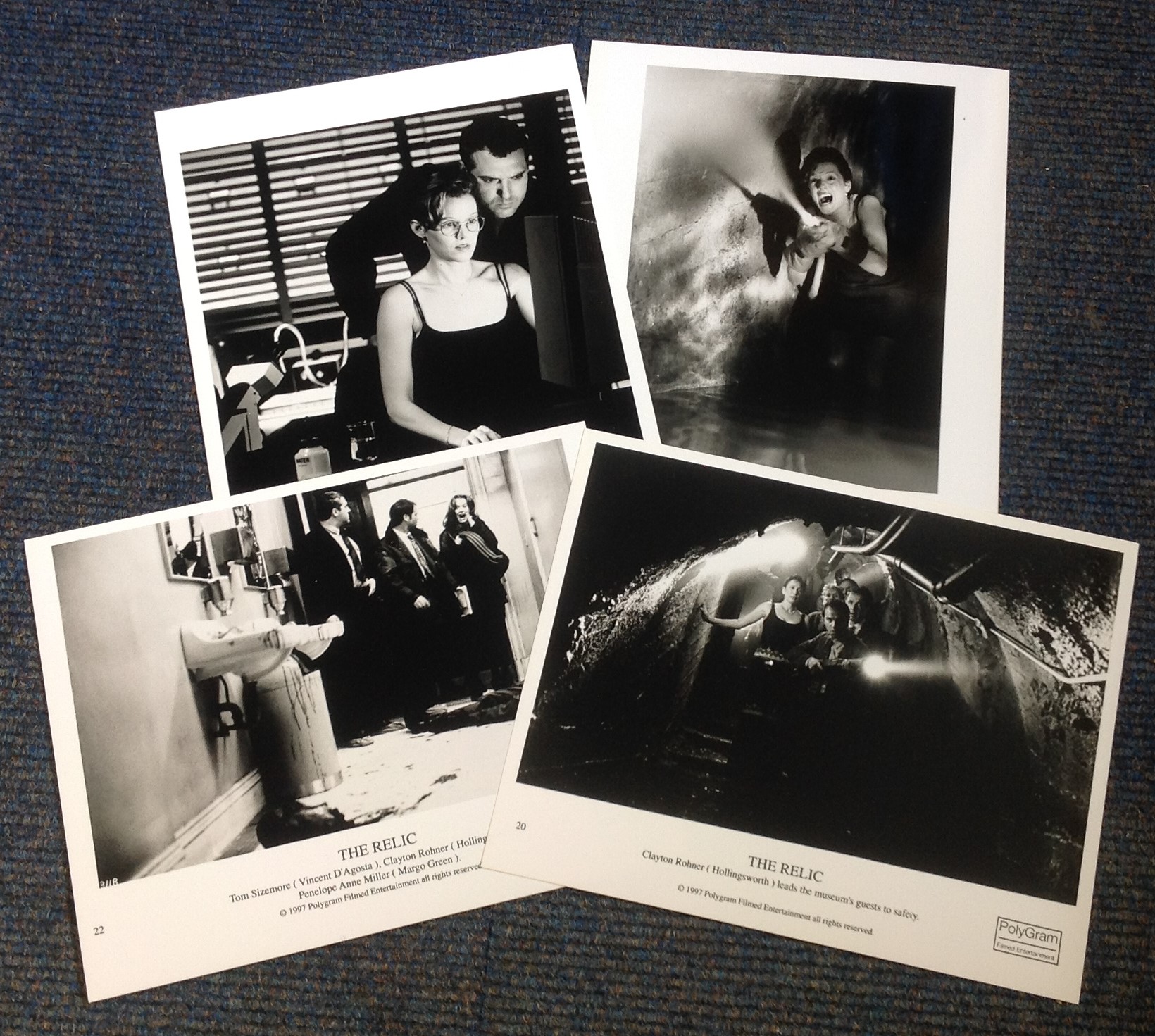 The Relic collection of 4 vintage black and white lobby cards from the 1997 monster-horror film