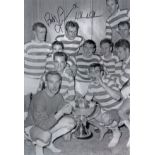 Autographed Celtic 12 X 8 Photo - B/W, Depicting Celtic Players Celebrating With The League Cup In