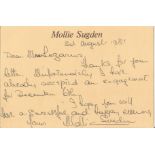 Mollie Sugden handwritten signed note dated 3/8/1981. Good Condition. All autographs come with a