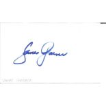James Garner signed 5x3 white card. American actor. Good Condition. All autographs come with a