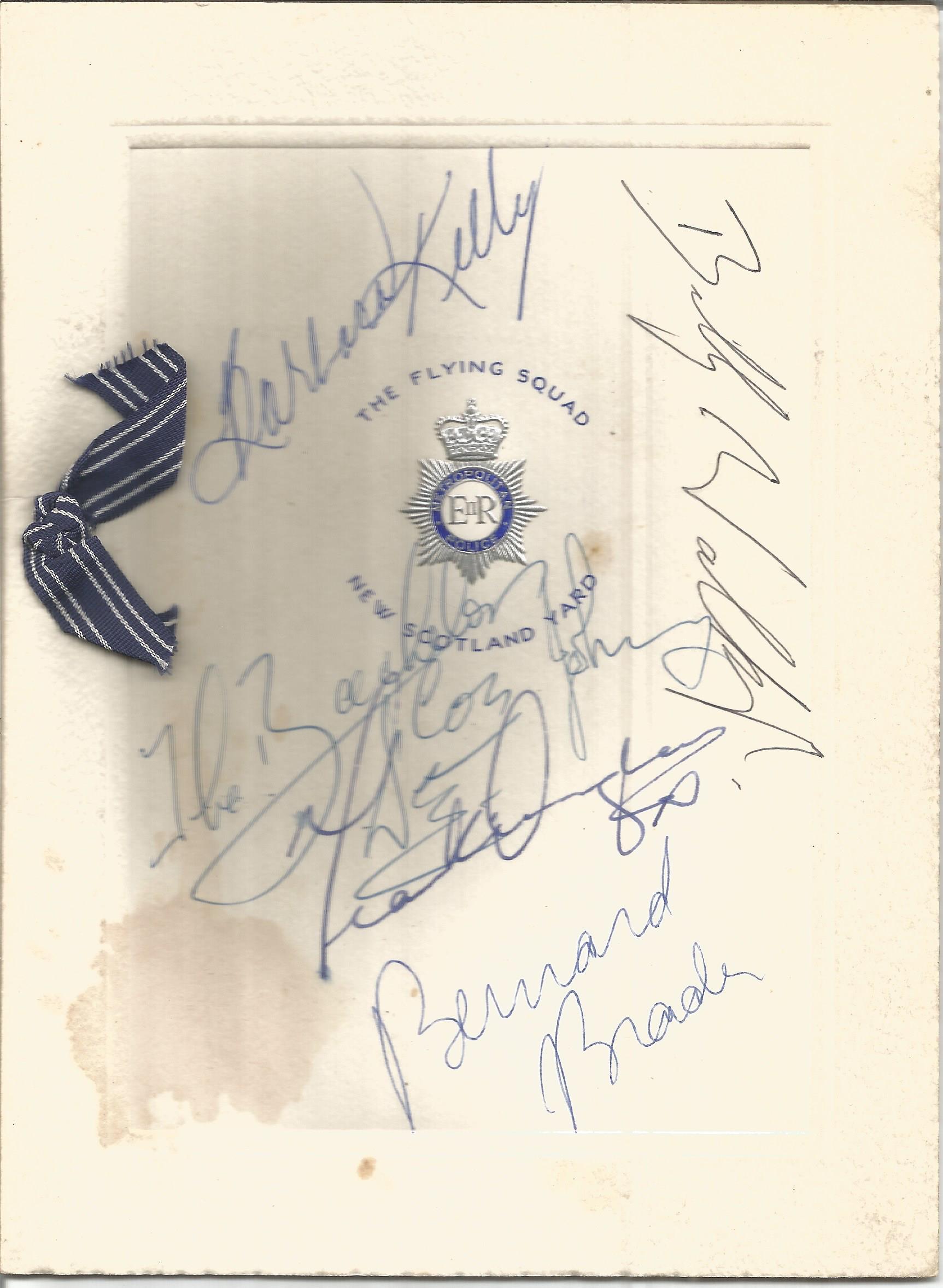 Billy Walker, Barbara Kelly, Bernard Braden and 3 other signatures signed The Flying Squad dinner.