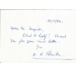 Air Commodore H A Fenton signed 5x4 inch hand written note dated 26/07/1984. Good Condition. All