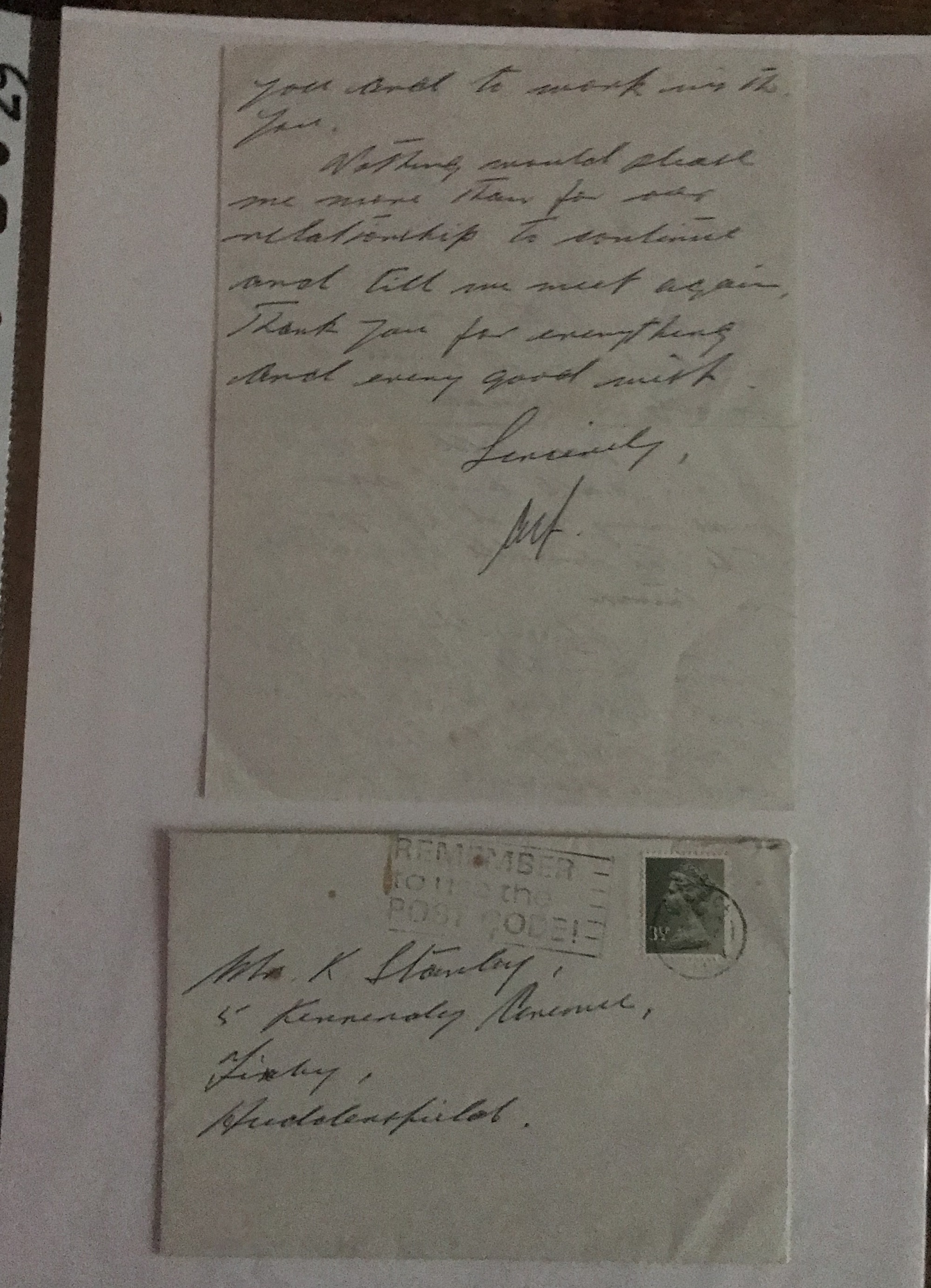 Sir Alf Ramsey two page handwritten letter and envelope 1974. Replying to a letter to Ken Stanley