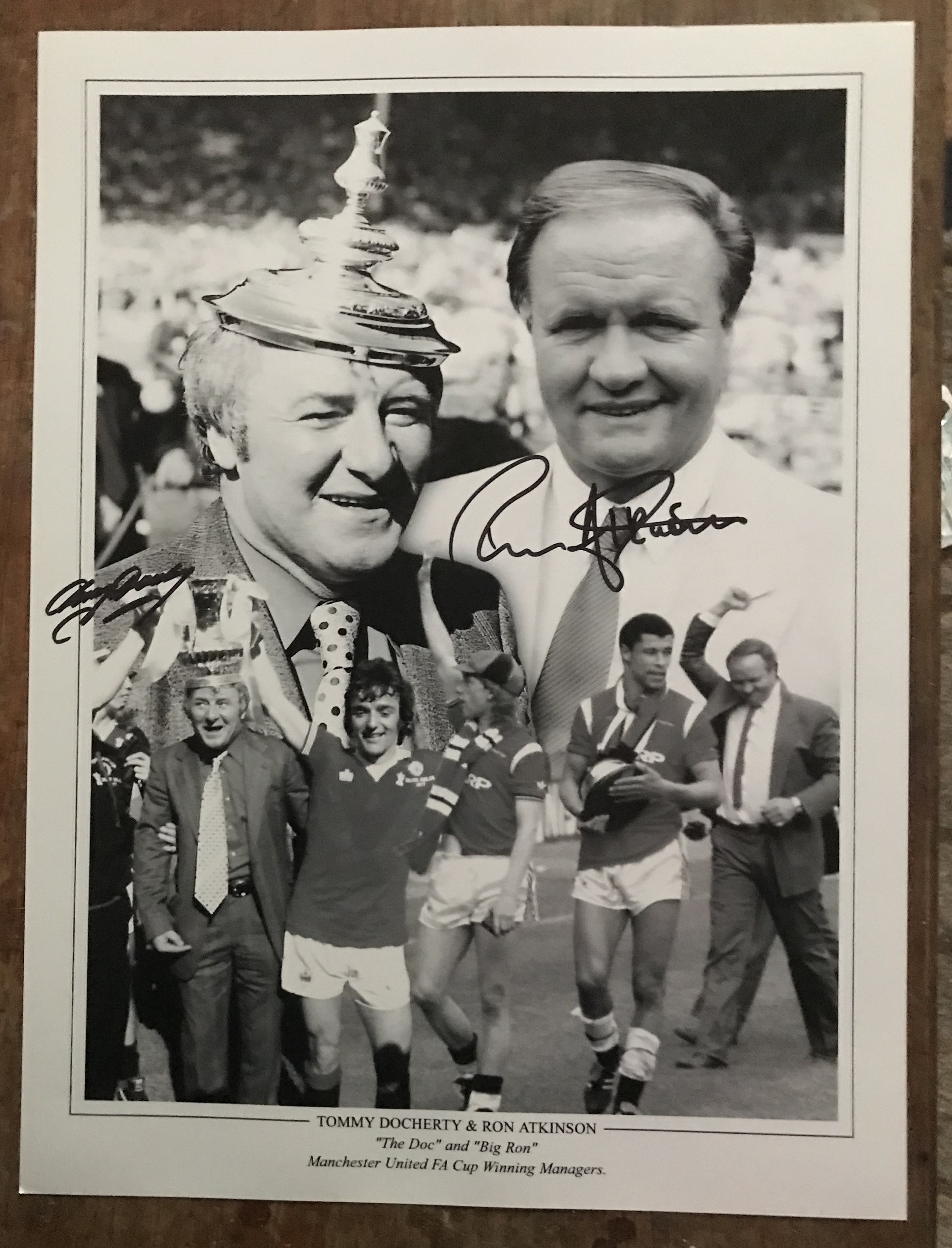 Football Ron Atkinson and Tommy Docherty signed 16 x 12 inch b/w montage photo. Good Condition.