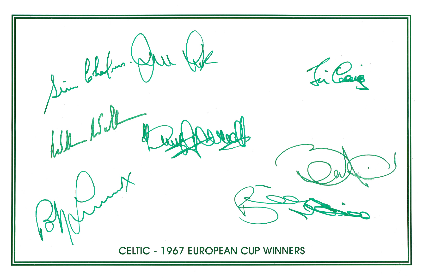 Autographed Celtic 1967, A Superbly Made Photo Card Measuring 12 X 8 Signed In Green Marker By 8