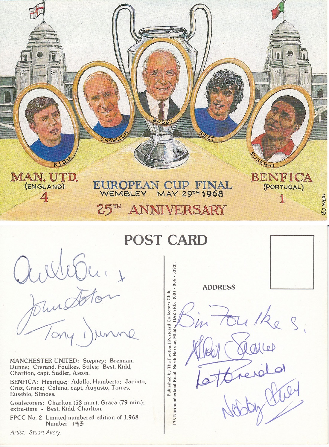 Autographed Man United 1968 Postcard, Measuring 6 X 4 This Modern Commemorative Card Depicts A