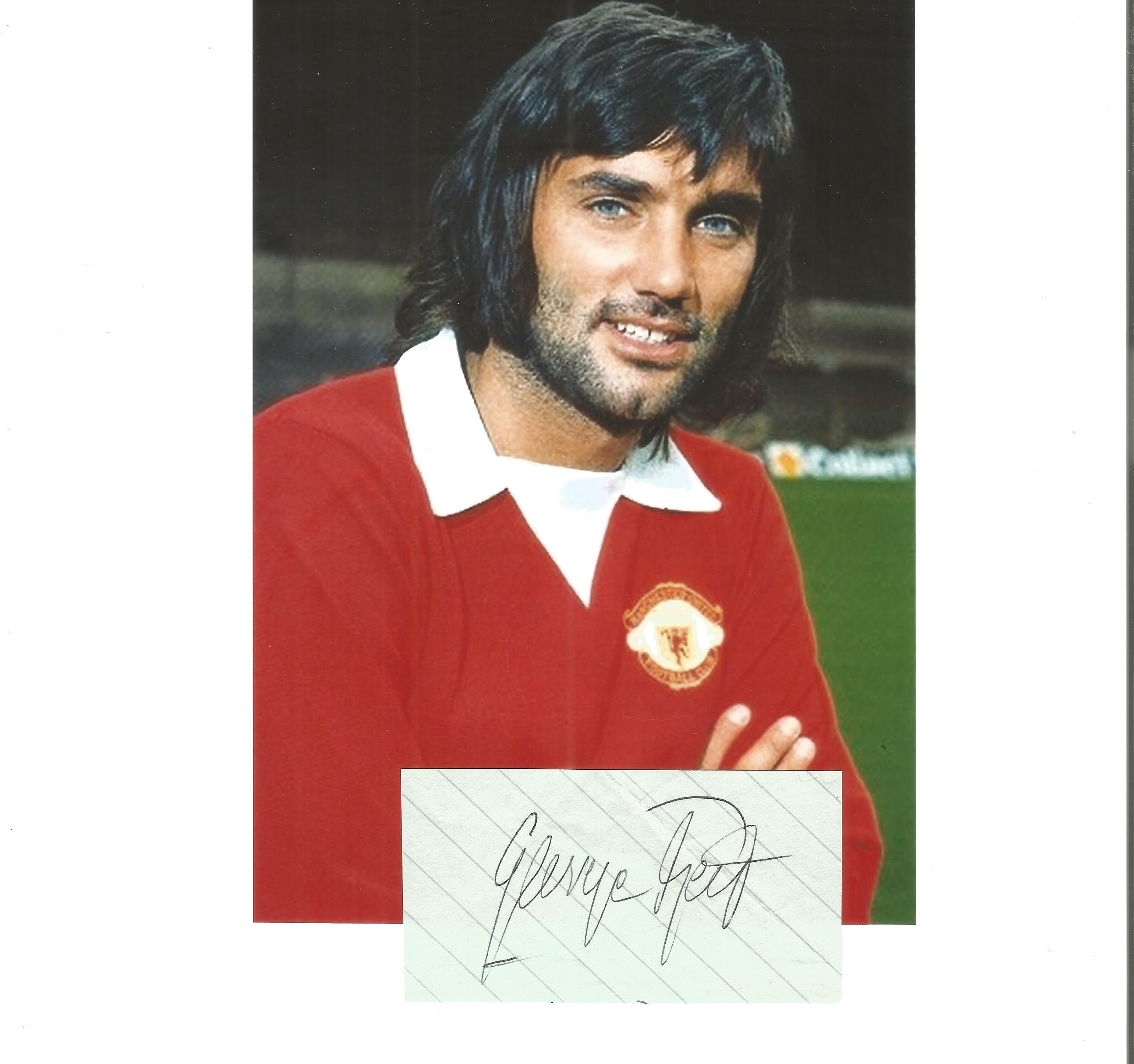 George Best (1946-2005) Signed Cut Lined Page With Manchester United Photo. Good Condition. All