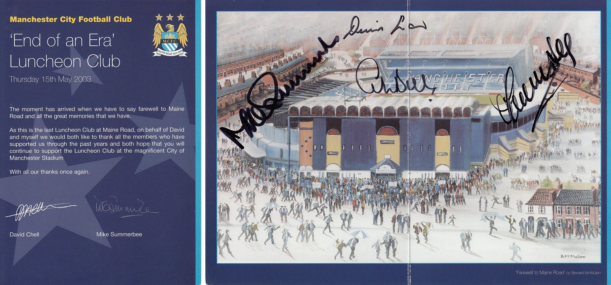 Autographed Manchester City Menu, A Superb Menu Issued For An End Of An Era Luncheon At Maine Road