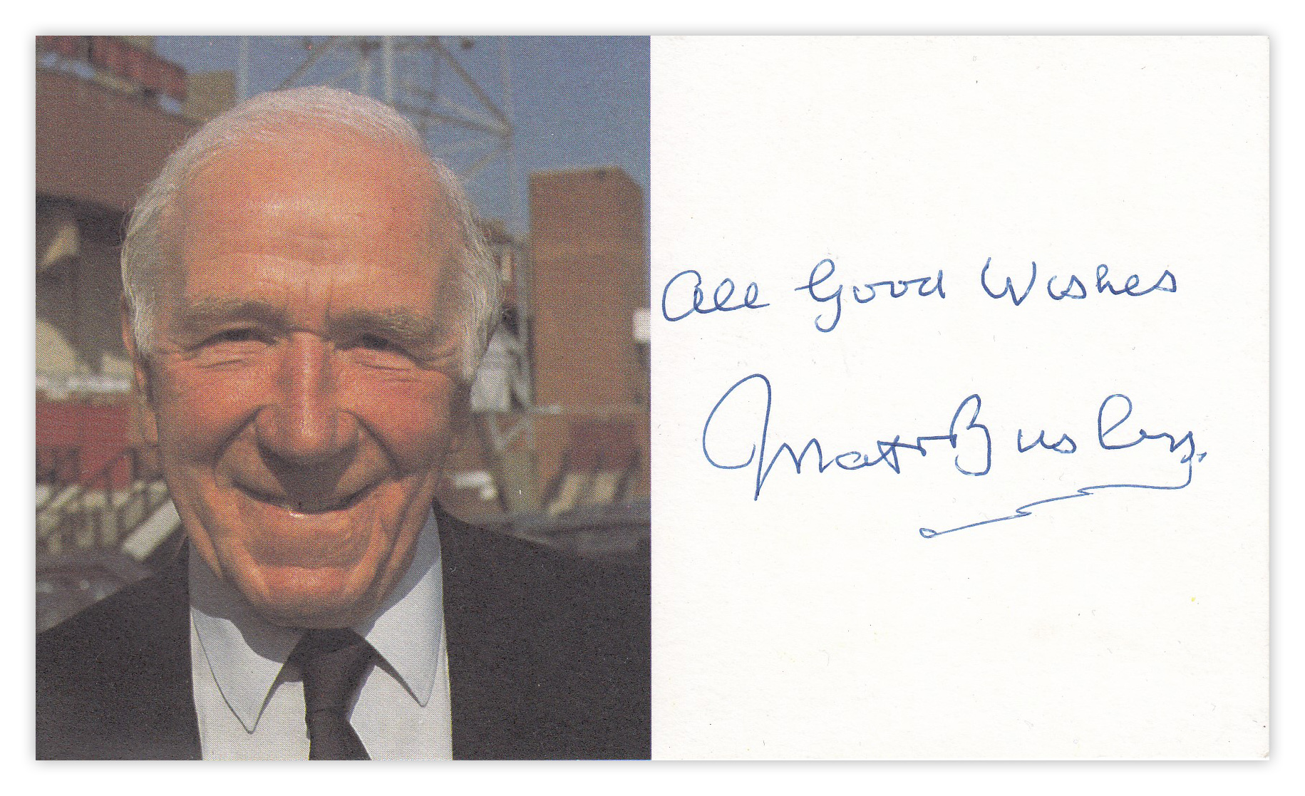 Autographed Sir Matt Busby Photocard, Official Manchester United Photocard Measuring 5.5 X 3.5