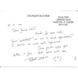 Stanley Baxter handwritten note on personal stationary card. Good Condition. All autographs come