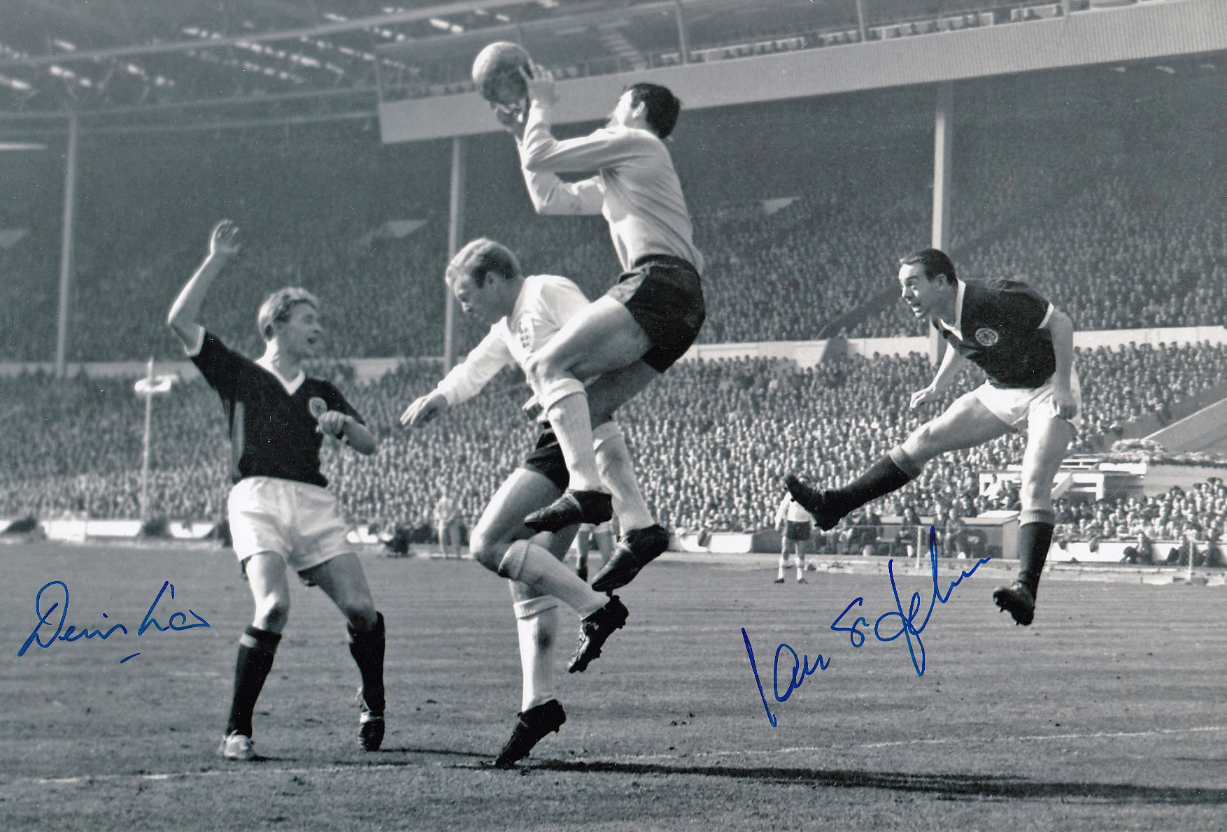 Autographed Denis Law / Ian St. John 12 X 8 Photo - B/W, Depicting Scotland's Denis Law And Ian