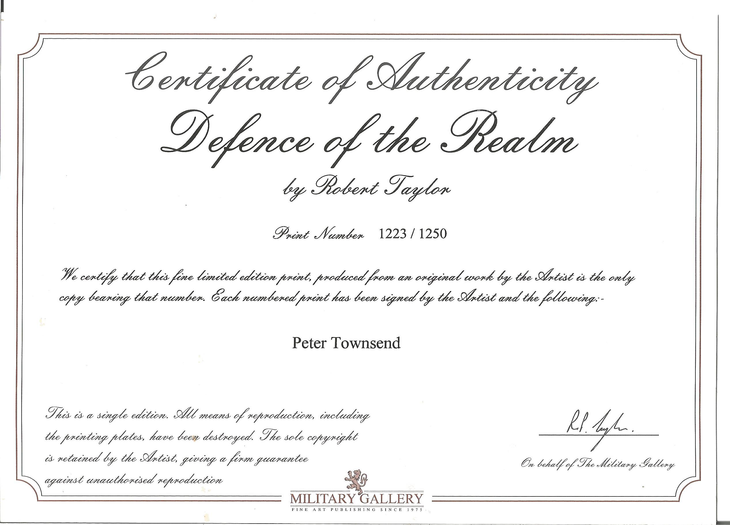 Robert Taylor Defence of the Realm Limited Edition signed by Group Captain Peter Townsend CVO DSO - Image 2 of 2