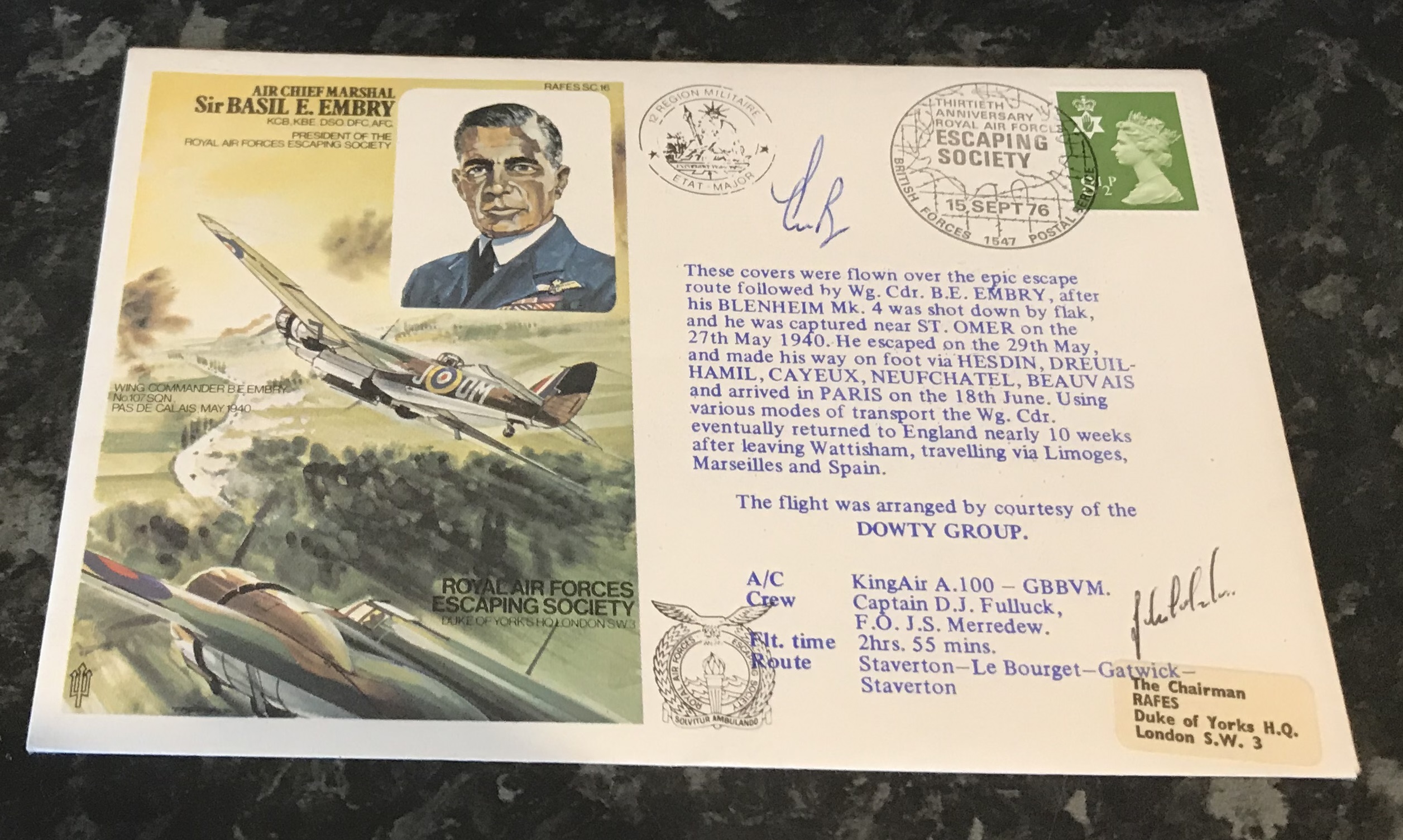 Flown and signed cover Air Chief Marshal Sir Basil E Embry RAFES Escaping Society SC16 cover 1976,