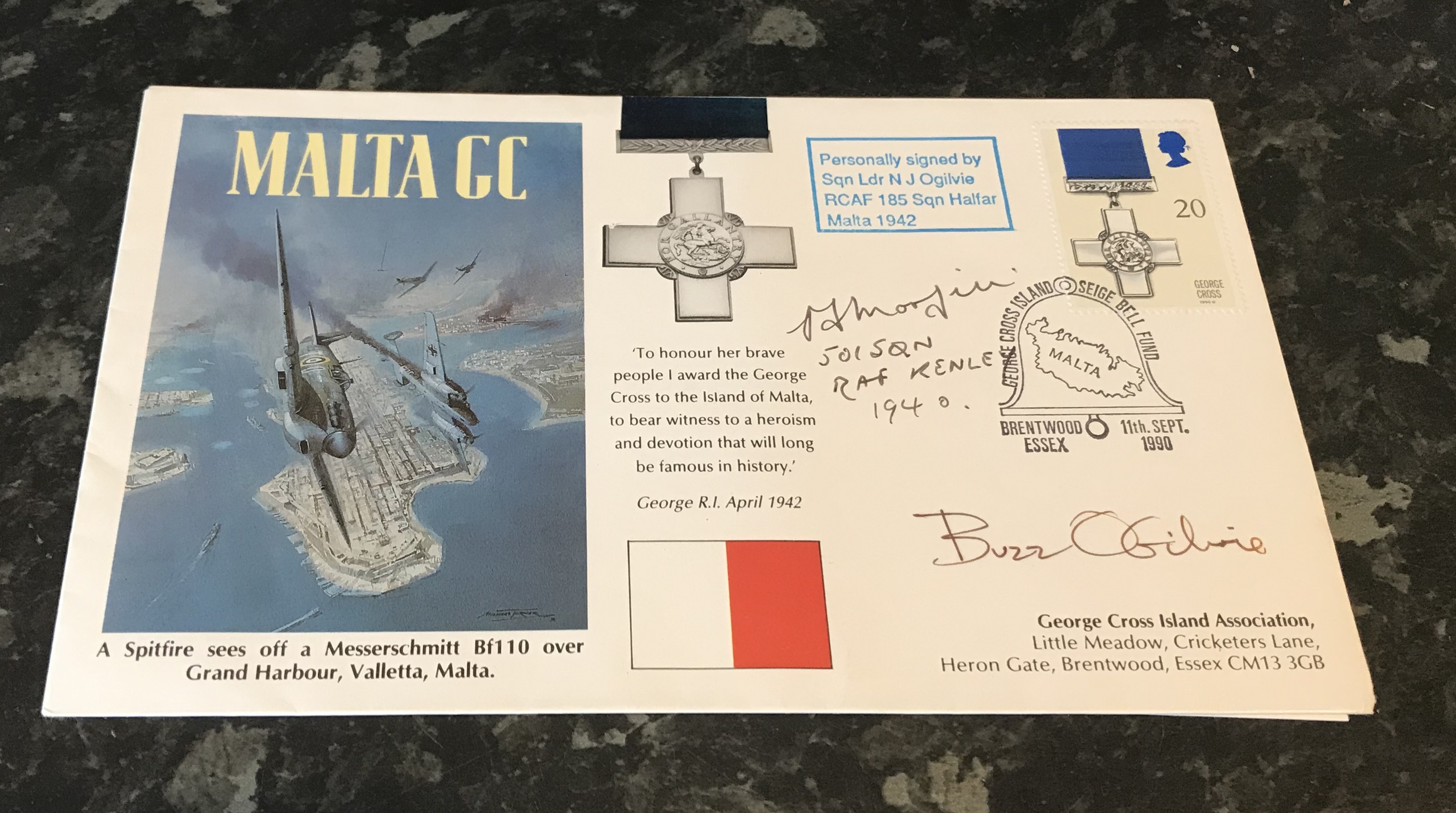 WW2 Malta Battle of Britain double signed cover Squadron Leader N J Ogilvie RCAF 185 Squadron RAF