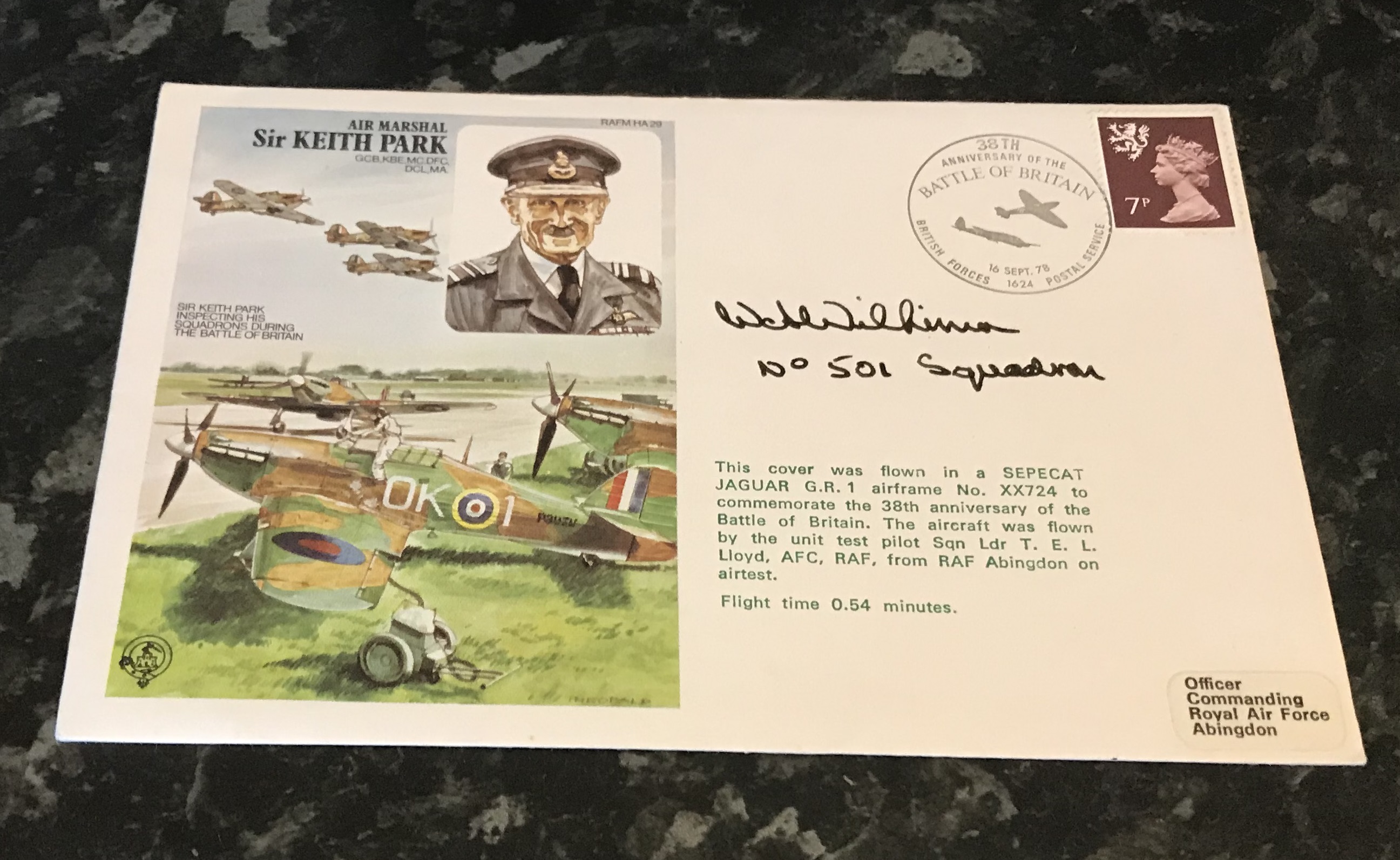 WW2 RAF Squadron Leader W A Wilkinson 501 Squadron Battle of Britain. Signed on an AM Sir Keith Park