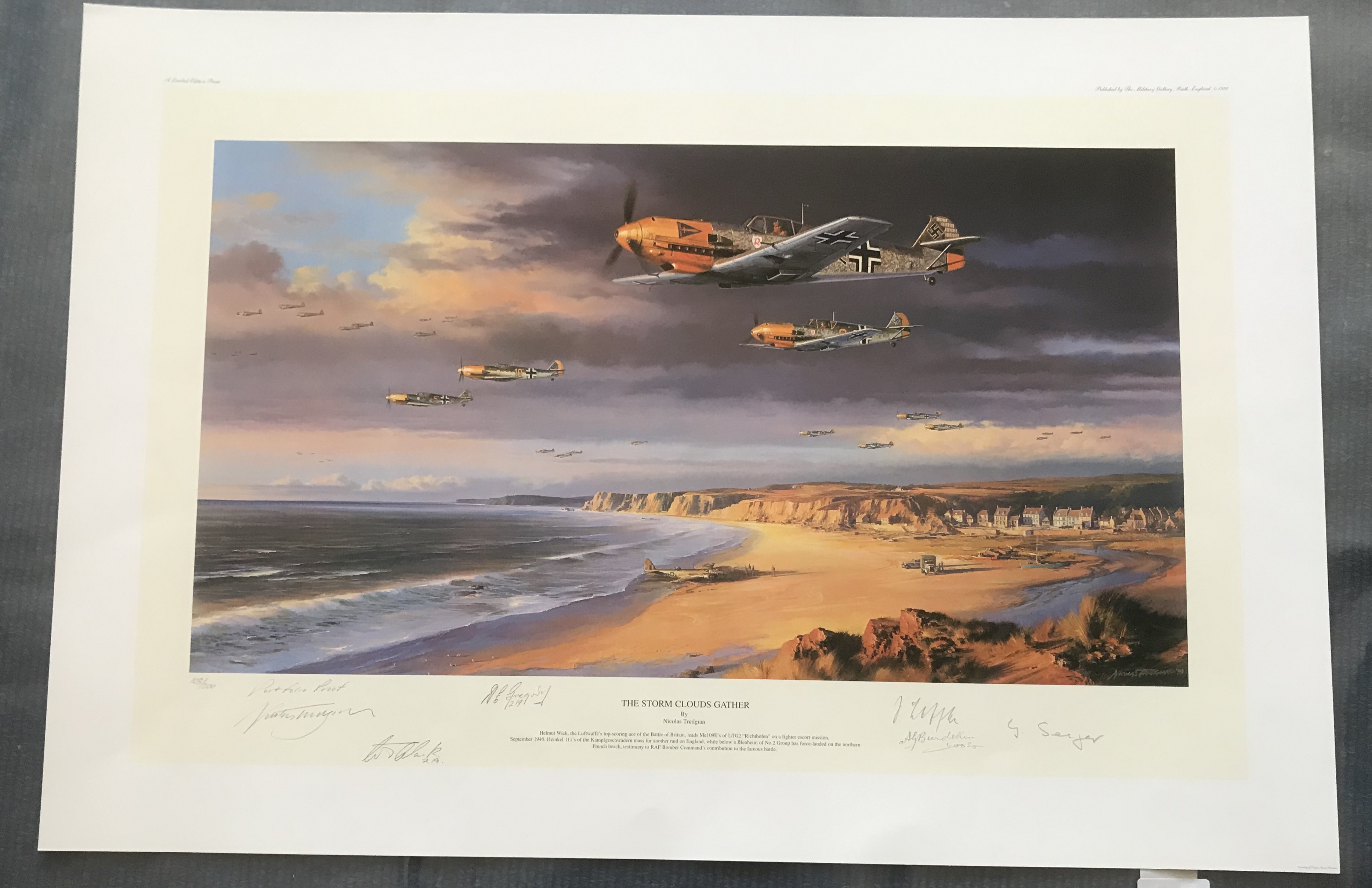 Nicolas Trudgian The Storm Clouds Gather Portfolio Proof signed by 2 Luftwaffe WW2 Aces and 3 RAF