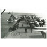 WW2 Doolittle Raider R E Cole signed 6 x 4 inch b/w photo of bomber on the Aircraft carrier. Good