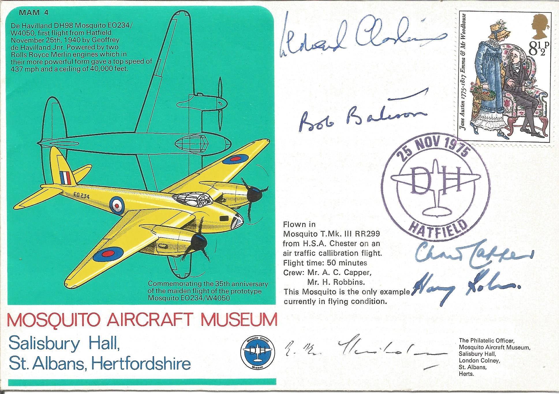 WW2 bomber aces multiple signed Mosquito Aircraft Museum cover. Signed by Air Cdre R Chisholm DSO