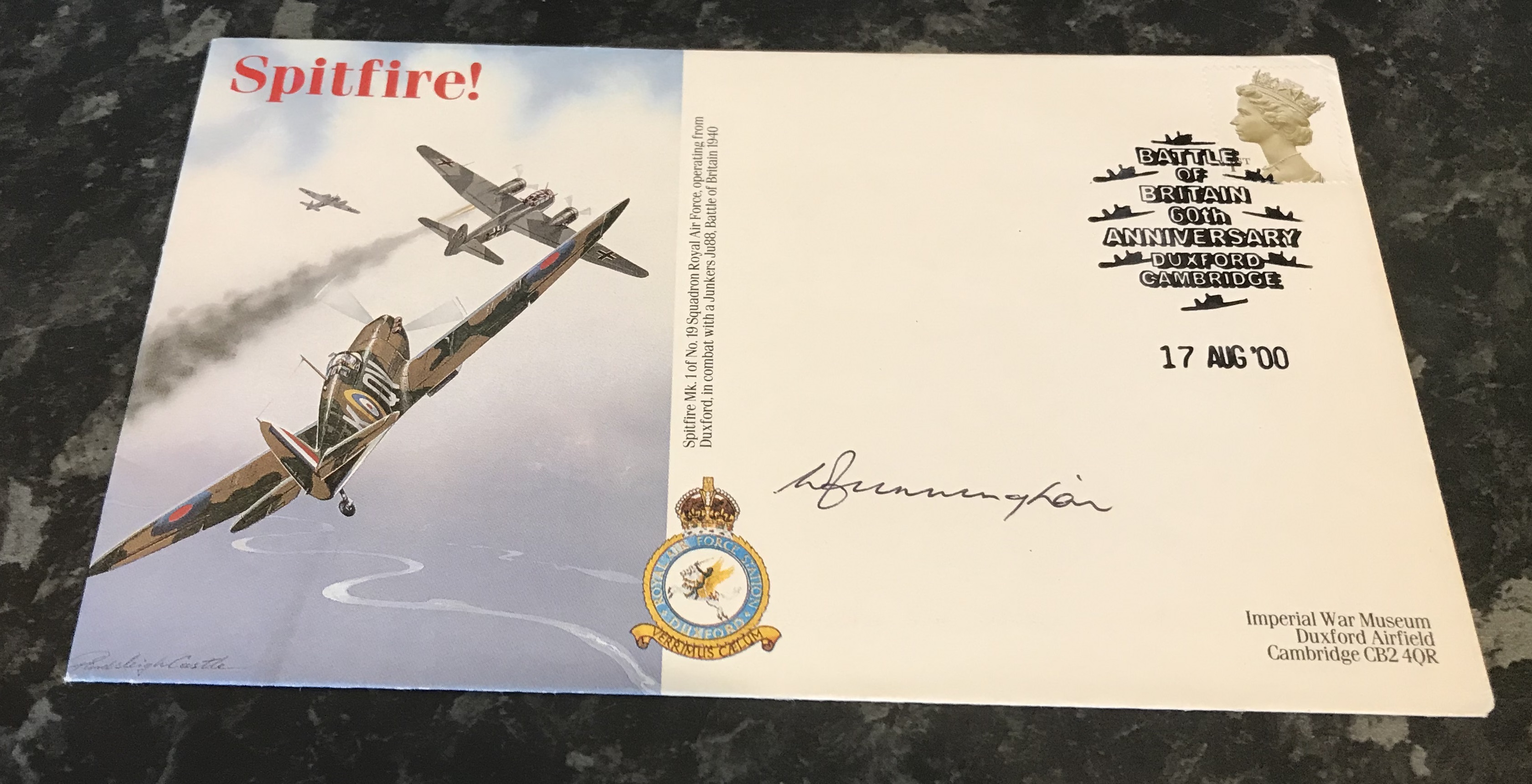 WW2 RAF Flt. Lt. W Cunningham DFC 19 Squadron RAF Duxford Spitfires Battle of Britain. Signed on a