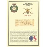 Major General Brian St George Irwin CB MiD signed piece dated 12 Sep 86. Set with corner mounts on a