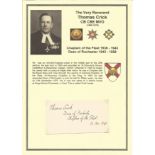 The Very Reverend Thomas Crick CB CBE MVO signed cream card with full name and rank dated 1943,