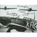 WW2 fighter pilots multiple signed 8 x 6 inch b/w photo. Signed by Grp Capt B Duckenfield AFC, Flt