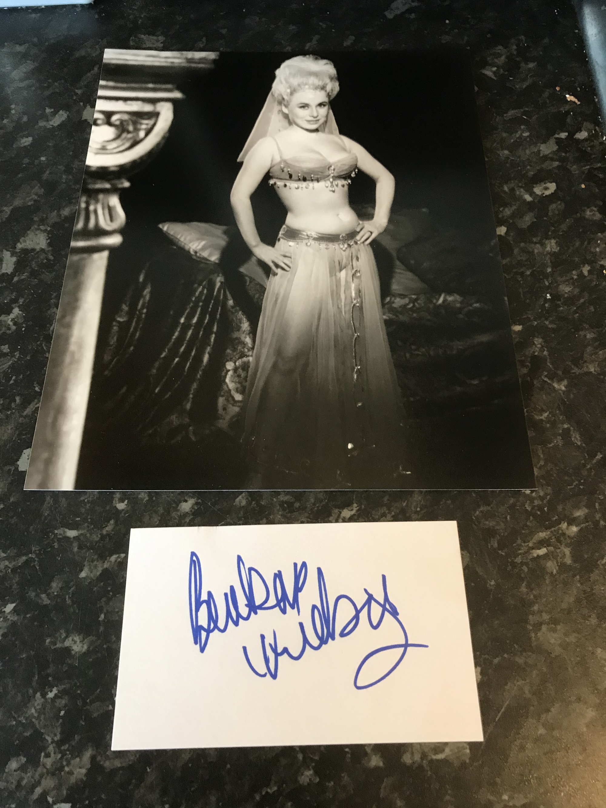 Barbara Windsor Signed 5x3 White Card With 10x8 Black And White Photo. Good condition. All