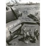 WW2 six Bomber Command Lancaster veterans signed 7 x 5 inch b/w photo of Lancasters on ground.