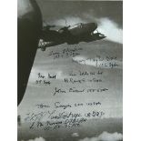 WW2 nine Bomber Command Halifax veterans signed 7 x 5 inch b/w photo of Halifax in flight. Signed by