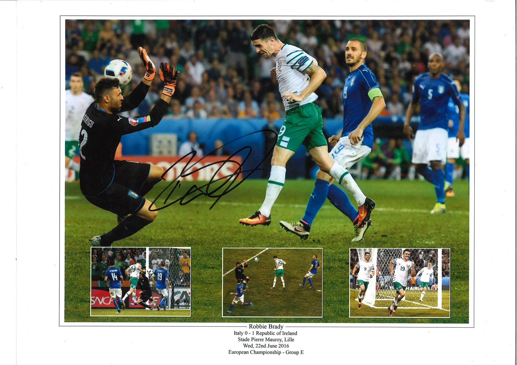 Robbie Brady Italy goal Ireland Signed 16 x 12 inch football photo. Good condition. All autographs