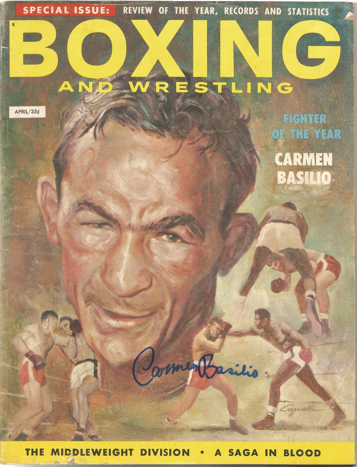 Boxing and Wrestling Magazine 1958 signed by Carmen Basilio. Good condition. All autographs come