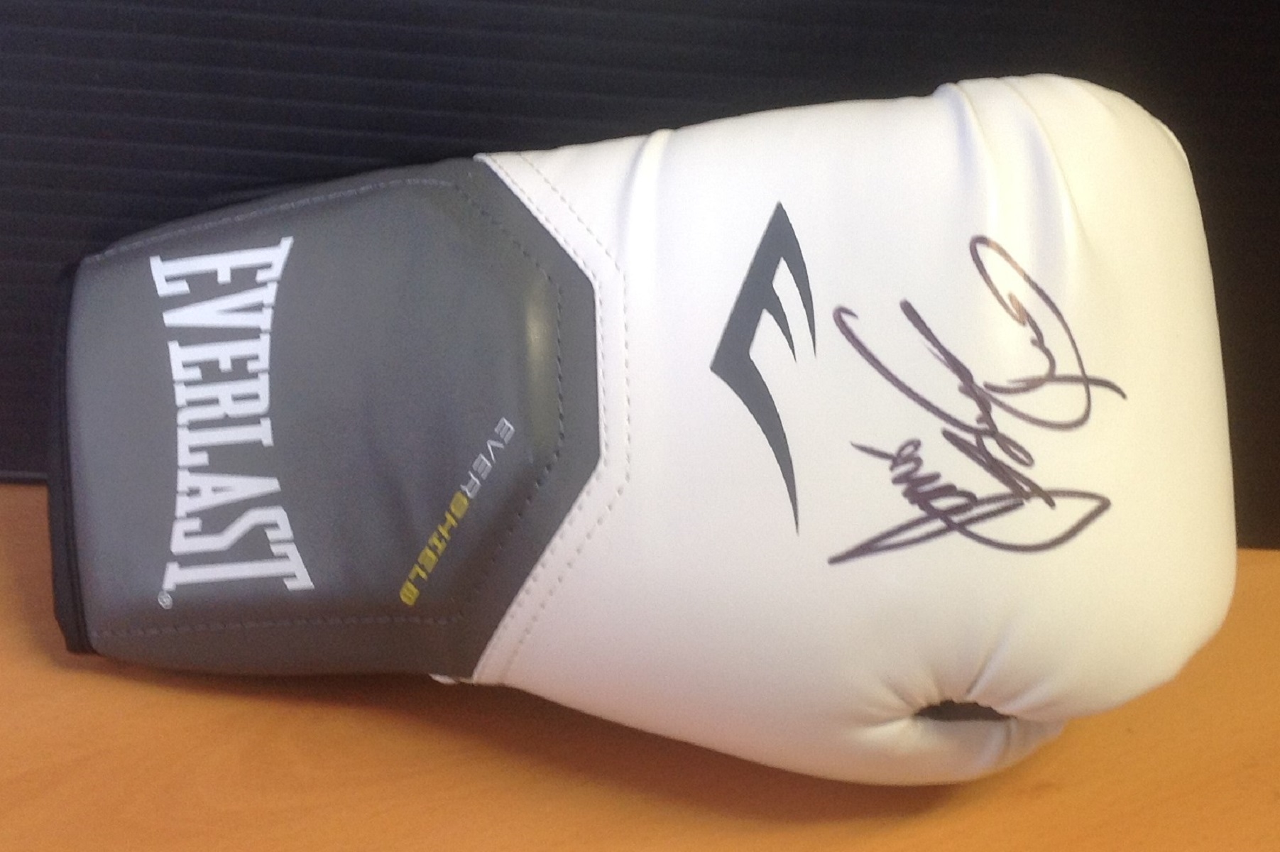 Boxing Glove White/Black/Grey 12oz Everlast signed at the IBHOF in 2017 by James "Lights Out" Toney.