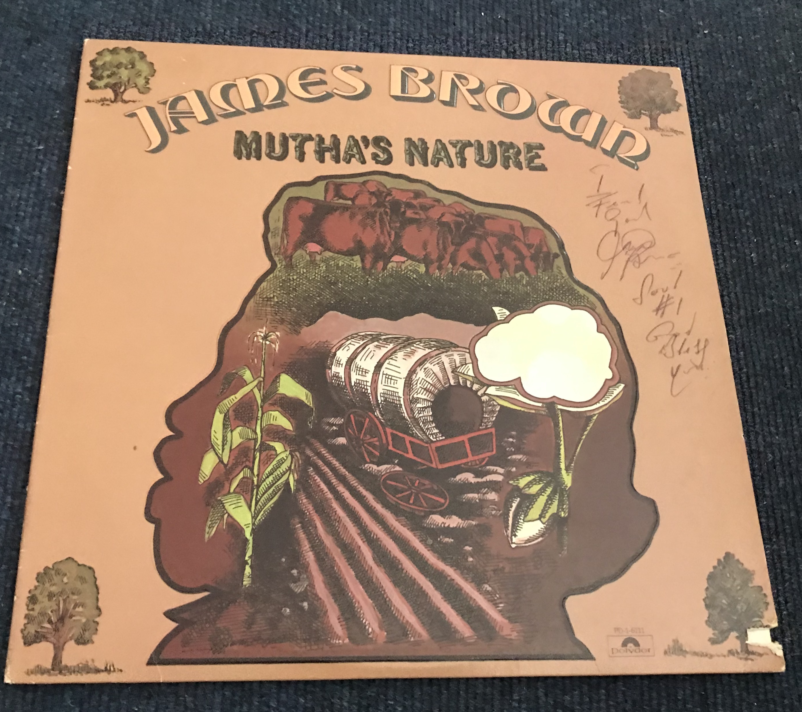 James Brown signed 33 rpm record sleeve, with record for Muthas Nature