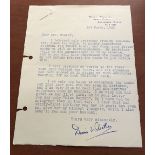 Author Dennis Wheatley typed signed letter good content