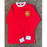 Football Bobby Charlton signed Manchester United 1963 Wembley retro replica kit shirt. Good