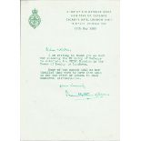 Lord Mountbatten of Burma typed signed note on Defence Staff notepaper to Brig Wieler giving