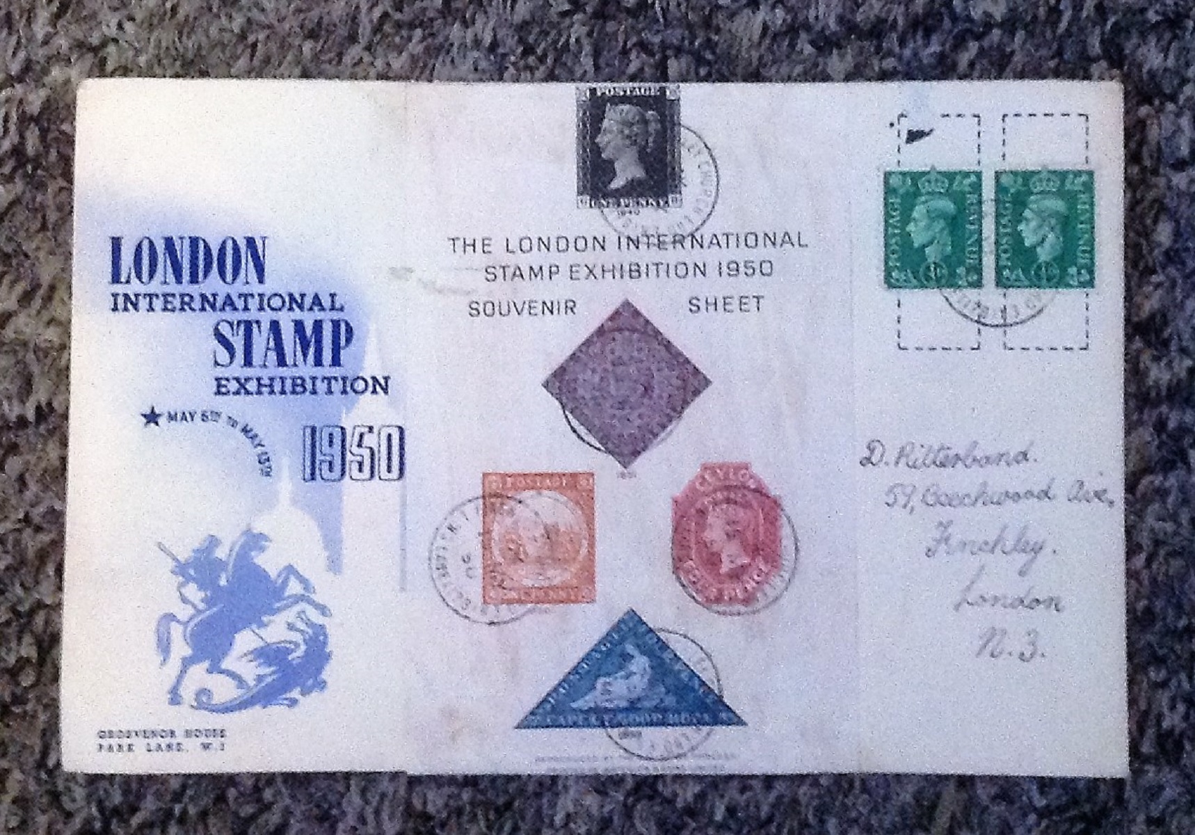 Vintage Cover London International Stamp Exhibition 1950 souvenir sheet franked. Good condition We