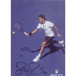 Roger Federer signed postcard sized picture in action on court. Good condition. All autographs