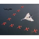 Vulcan Bomber pilot. 8x10 photo of a Vulcan in formation with the RAF Red Arrows signed by Falklands